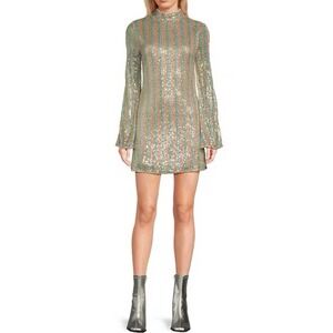 NWT Chelsea & Violet mini dress sequins stripes pastel long sleeves flare Size S